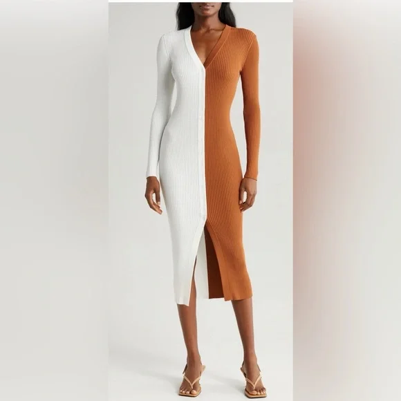 STAUD Two-Tone White and Brown sweaterDress